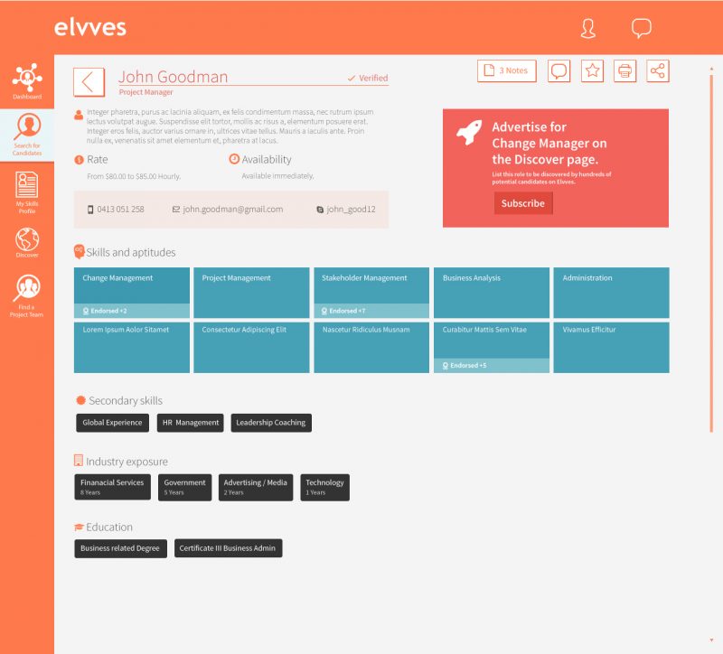 Elvves UI design and development candidate profile