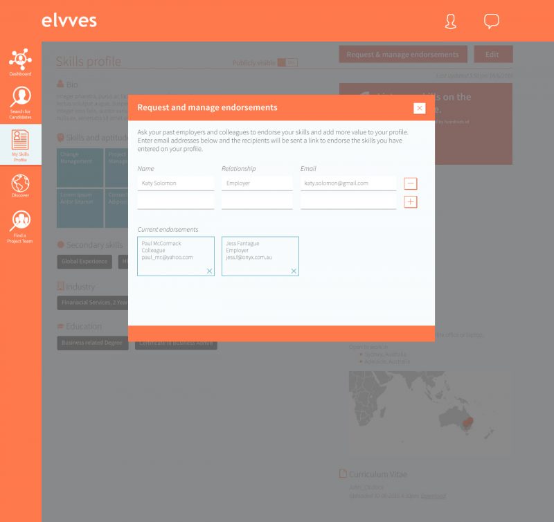 Elvves UI design and development candidate profile endorsements