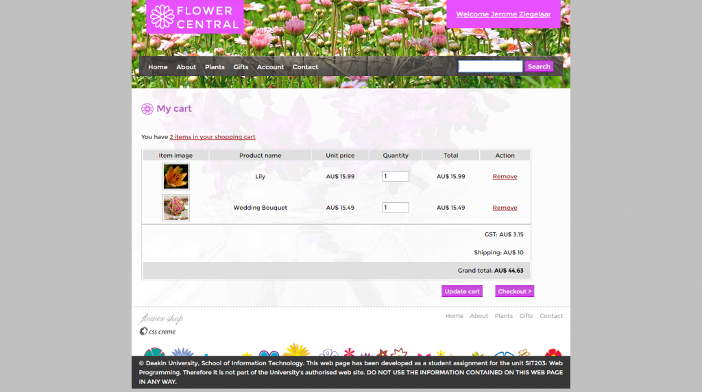Flower Central web development cart page