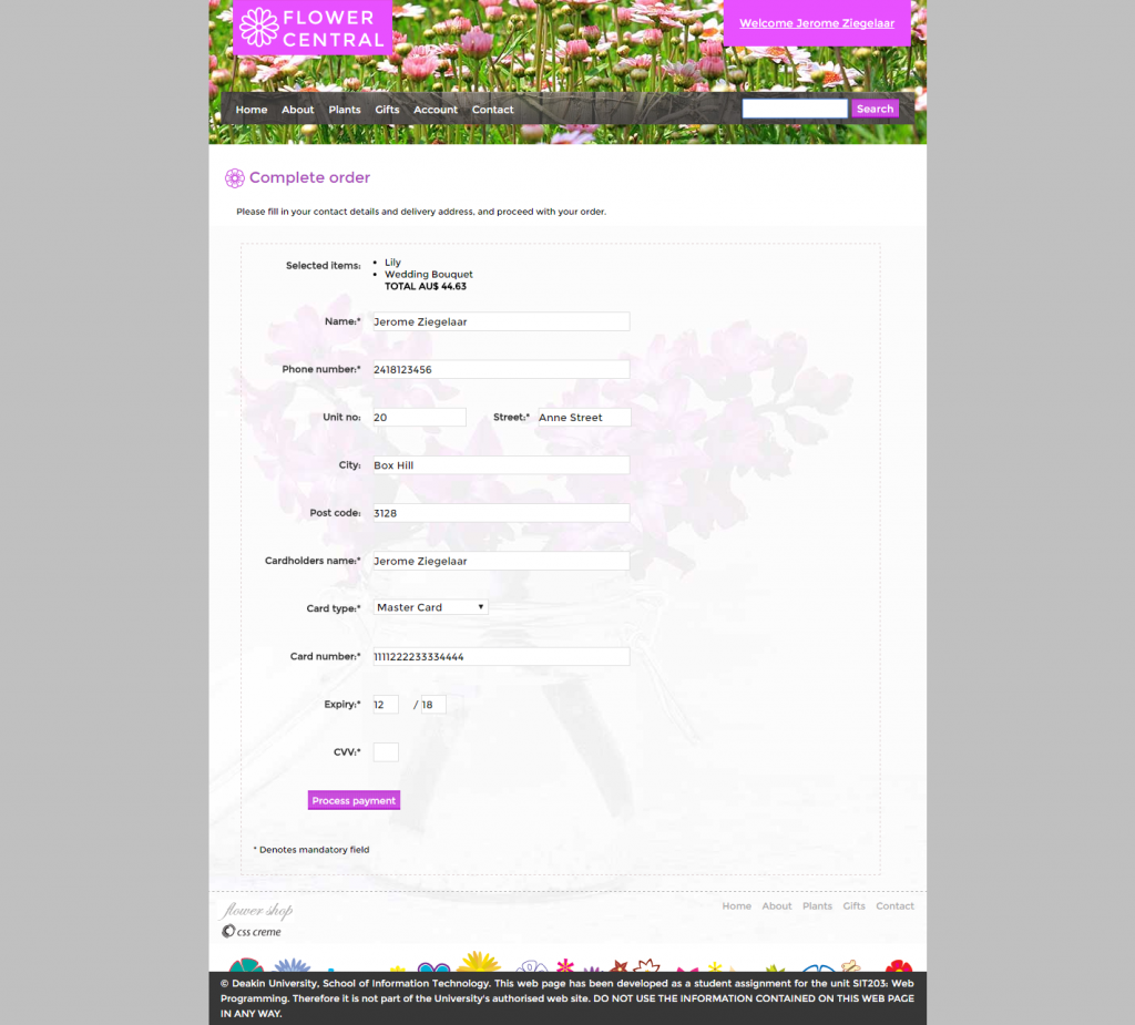 Flower Central web development payments page